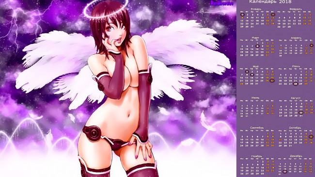 Обои картинки фото календари, аниме, взгляд, девушка, крылья