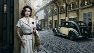 Картинка девушки -unsort+ брюнетки темноволосые фото манипуляции винтаж белое платье улица женщины на улице классический автомобиль ретро короткие волосы брюнетка модель булыжник старая машина мужчины