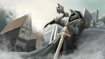 Картинка фэнтези люди маска горн меч фон мужчина