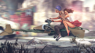 Картинка фэнтези люди собака мужчина девушка фон