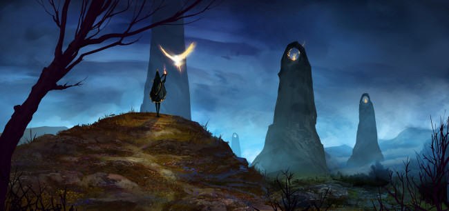 Обои картинки фото фэнтези, маги,  волшебники, огонь, фон, птица, девушка, камни