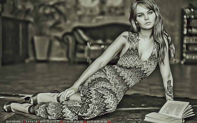 Обои картинки фото календари, компьютерный дизайн, сидеть, комната, девушка, взгляд, книга, тату