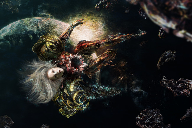 Обои картинки фото фэнтези, девушки, девушка, фон, униформа, космос