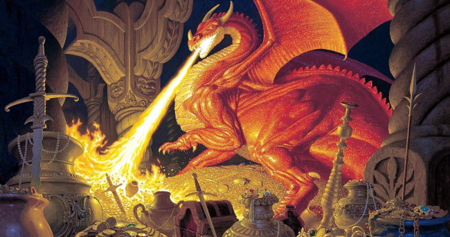 Обои картинки фото фэнтези, _lord of the rings, дракон, огонь, смауг, колонны, сокровища