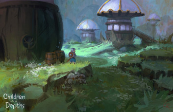 Картинка фэнтези иные+миры +иные+времена человечек домики трава