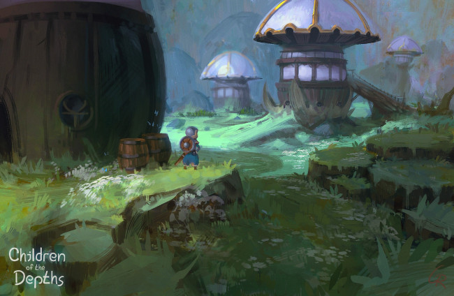 Обои картинки фото фэнтези, иные миры,  иные времена, человечек, домики, трава