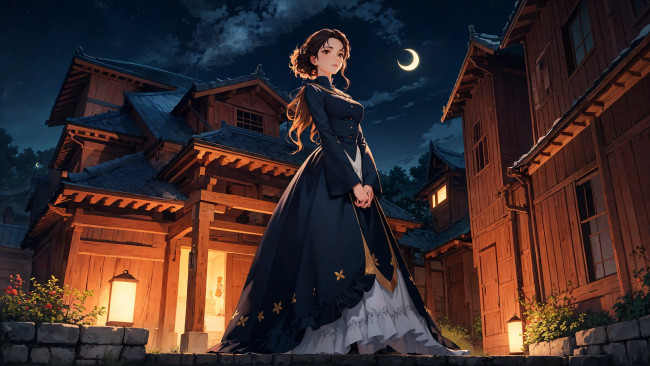 Обои картинки фото аниме, город,  улицы,  интерьер,  здания, нейросети, графика, нейроарт, ai, art, нейронные, сети, рисунки, нейро, искусство, красивая, девушка, дом, месяц