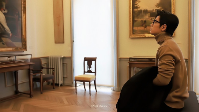 Обои картинки фото мужчины, xiao zhan, актер, свитер, очки, музей