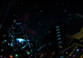 Картинка аниме *unknown другое девушка ночь город фонари здание огни скат улица провода