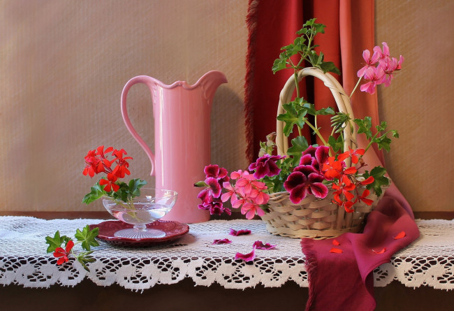 Обои картинки фото цветы, герань, кувшин, корзина