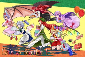 Картинка аниме touhou девушки еда желтый фон крылья шарики