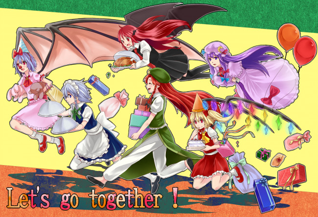 Обои картинки фото аниме, touhou, девушки, еда, желтый, фон, крылья, шарики