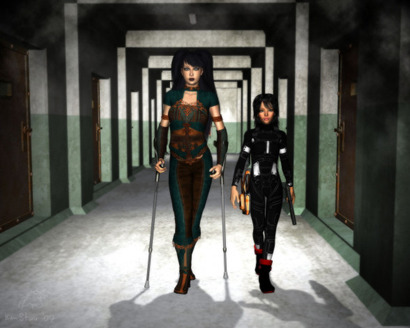 Обои картинки фото 3д графика, фантазия , fantasy, фон, взгляд, девушки, коридор