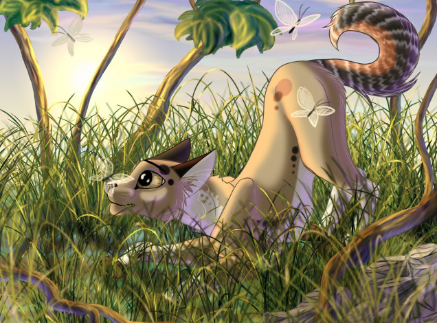 Обои картинки фото рисованное, животные,  коты, кот, взгляд, фон, трава, бабочки
