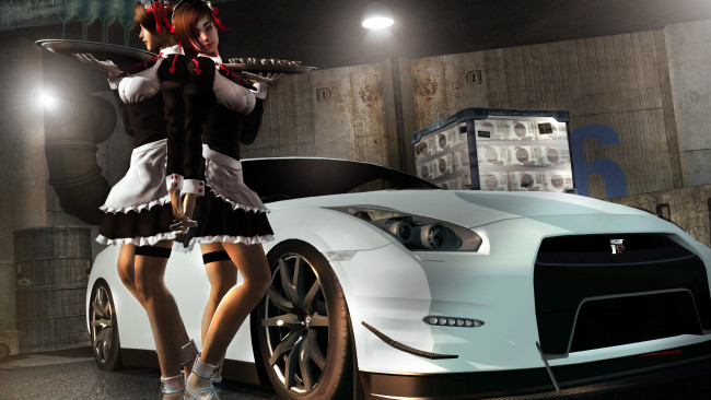 Обои картинки фото автомобили, 3d car&girl, автомобиль, девушки, фон, взгляд