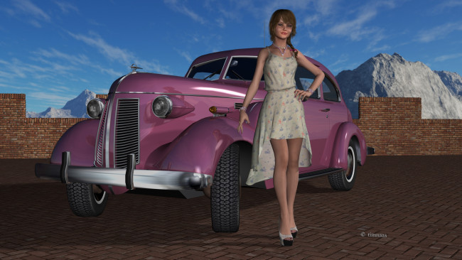 Обои картинки фото автомобили, 3d car&girl, фон, автомобиль, взгляд, девушка