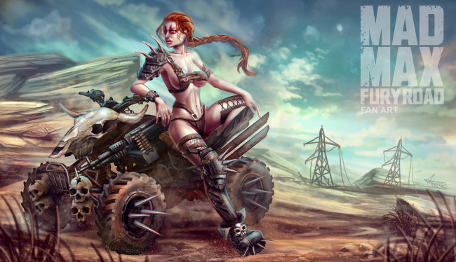Обои картинки фото рисованное, кино, boobs, sexy, suv, animal, skulls, девушка, pose, mad, max, fan, art