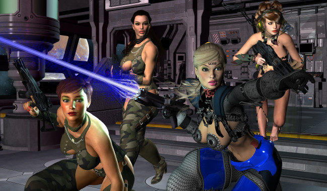 Обои картинки фото 3д графика, фантазия , fantasy, фон, взгляд, девушки, оружие