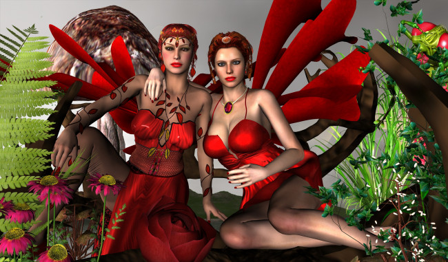 Обои картинки фото 3д графика, существа , creatures, цветы, фон, взгляд, феи