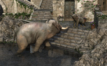 Картинка 3д+графика животные+ animals слон фон