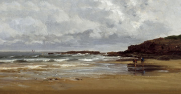 Картинка рисованное живопись пляж в карраспио карлос де хаэс скалы картина люди берег морской пейзаж