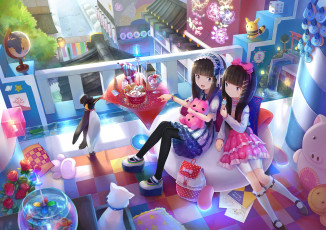 Картинка аниме город +улицы +интерьер +здания девушки