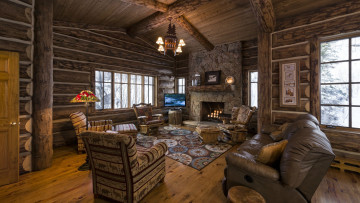 Картинка интерьер гостиная камин окна диван кресла зима изба телевизор