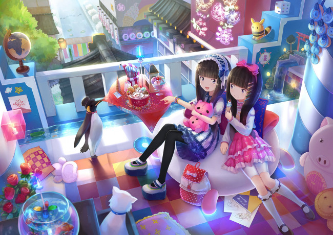 Обои картинки фото аниме, город,  улицы,  интерьер,  здания, девушки