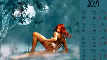Картинка календари 3д-графика 2019 calendar женщина дерево луна природа тату девушка