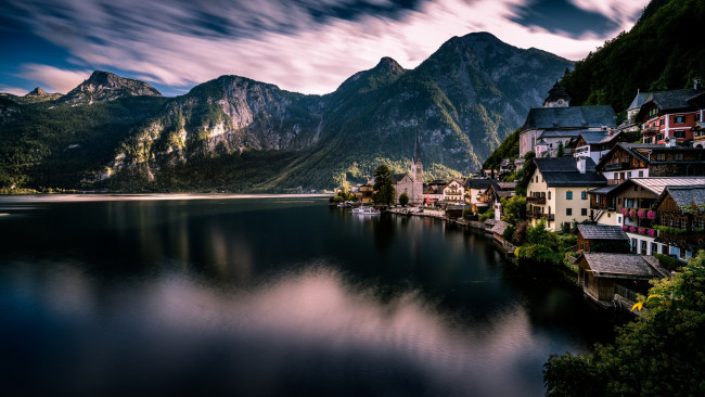 Обои картинки фото города, гальштат , австрия, отражение, озеро, горы