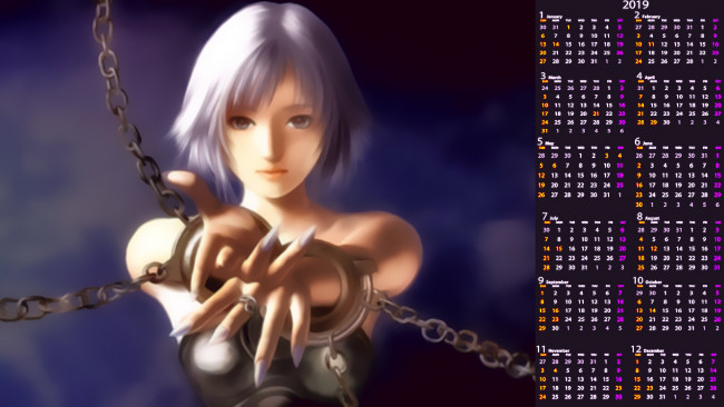 Обои картинки фото календари, фэнтези, 2019, calendar, женщина, взгляд, цепь, девушка