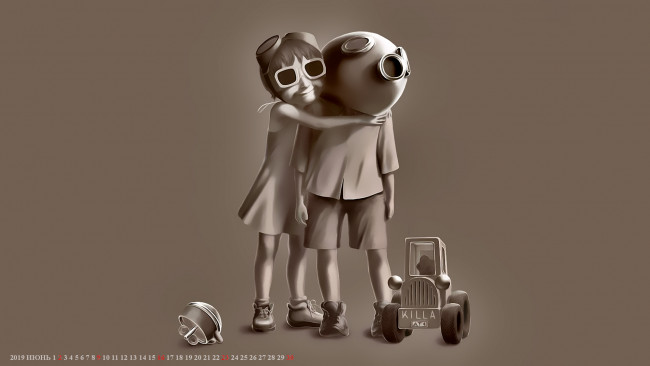 Обои картинки фото календари, рисованные,  векторная графика, 2019, calendar, шлем, очки, дети, ребенок, девочка