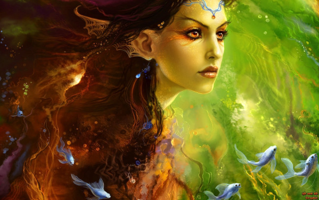 Обои картинки фото фэнтези, русалки, девушка, русалка, лицо, рыбы