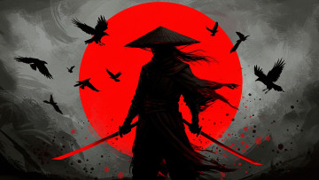 Картинка фэнтези люди самурай шляпа мечи солнце вороны