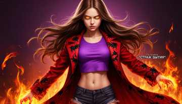 Картинка альма+майер +по+книге+страж+бытия+ девушкаогонь+ повелительницаогня+ девушкапламя 3д+графика фантазия+ fantasy злая девушка каштановые волосы красное пальто открытый пупок фантастика пирокинез управление огнем огонь