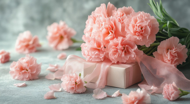 Обои картинки фото 3д графика, праздники , holidays, лепестки, розовая, гвоздика, подарок