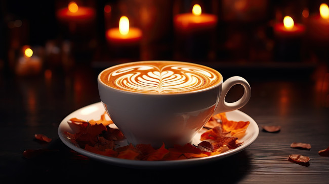 Обои картинки фото 3д графика, еда-, food, огоньки, свечи, чашка, кофе