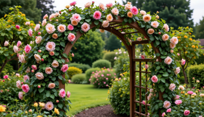Обои картинки фото 3д графика, природа , nature, парк, арка, розовые, розы