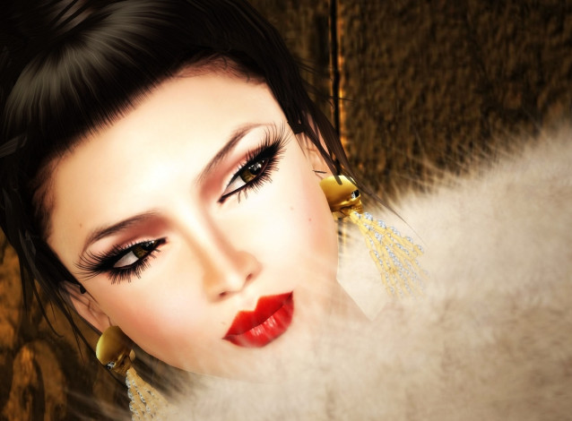 Обои картинки фото 3д, графика, portraits, портрет, азиатка, серьги, мех
