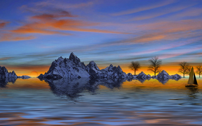 Обои картинки фото sailing, 3д, графика, sea, undersea, море, яхта, солнце, скалы