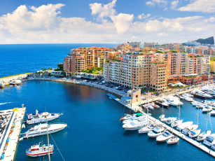 обоя fontvieille,  monaco, города, фонвьей , монако, здания, набережная, катера, яхты, причалы, гавань, бухта, лигурийское, море, фонвьей, ligurian, sea, monaco