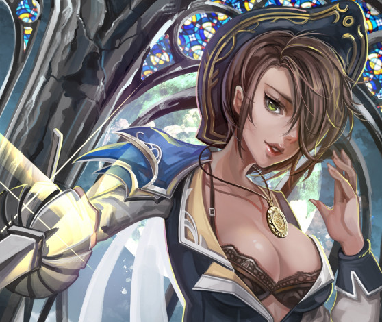 Обои картинки фото league of legends, фэнтези, девушки, грудь, кулон, шляпа, оружие, девушка, fiora, league, of, legends, арт