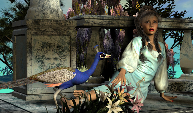 Обои картинки фото 3д графика, люди , people, девушка, взгляд, цветы, птицы