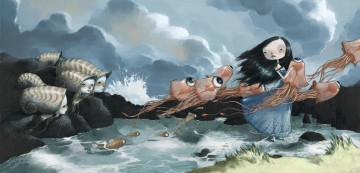 Картинка фэнтези существа арт девочка ветер море рыбы медузы фантазия