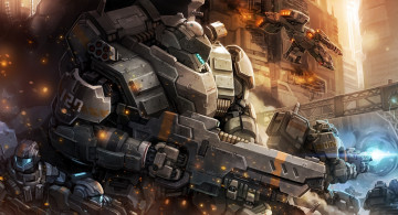 Картинка фэнтези роботы +киборги +механизмы бойцы война оружие арт man fight battlefield city war robot mecha