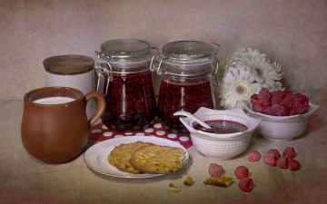 Картинка еда мёд +варенье +повидло +джем варенье посуда молоко натюрморт печенье малина цветы гербера