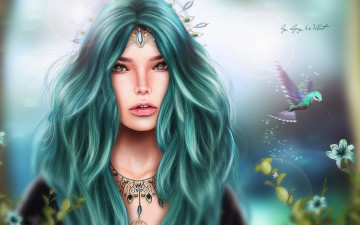 Картинка фэнтези девушки украшения колибри птицы взгляд девушка