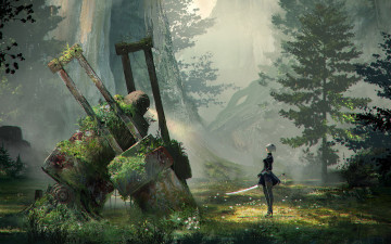 Картинка видео+игры nier девушка робот заросли заброшенность горы меч