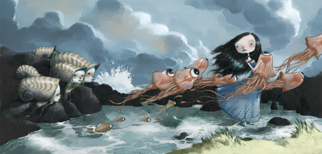 Обои картинки фото фэнтези, существа, арт, девочка, ветер, море, рыбы, медузы, фантазия