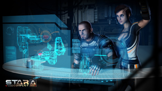 Обои картинки фото star-conflict, видео игры, star conflict, девушка, взгляд, фон, мужчина